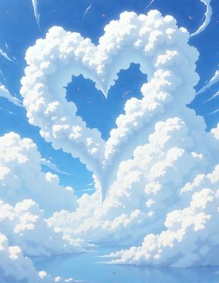 The primary subject of the image is a heart-shaped cloud in the sky. The setting is a cloudy blue sky, and the visual style is digital art. The heart-shaped cloud is the main focus of the image, and the overall atmosphere is serene and peaceful.