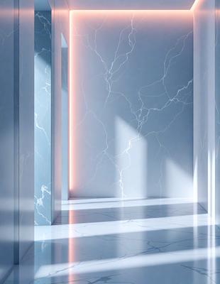 The primary subject of the image is a marble-tiled hallway with a white color scheme. The setting is a large, open space with a doorway and a wall. The visual style is a digital art, and the colors and mood are predominantly white, giving the scene a clean and minimalist appearance.