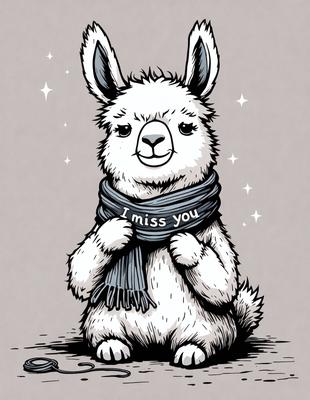 The primary subject of the image is a white and brown stuffed animal, which appears to be a stuffed llama. The setting is a gray background, and the visual style is a black and white illustration. The colors and mood of the image are predominantly black and white, giving it a classic and timeless appearance.