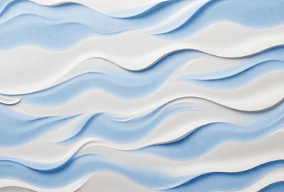 The primary subject of the image is a large, white, and blue wave pattern. The setting is a white wall, and the visual style appears to be a combination of a photo and digital art. The dominant colors are white and blue, creating a calm and soothing atmosphere.