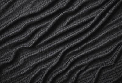 The primary subject of the image is a close-up of a black fabric, possibly a piece of clothing or a curtain. The setting is a dark background, which emphasizes the fabric's texture and pattern. The visual style is a close-up, which highlights the fabric's details. The colors and mood of the image are predominantly dark, with the black fabric being the main focus.