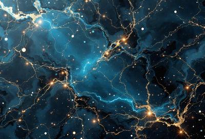 The primary subject of the image is a blue and black nebula, which is a celestial object made up of gas and dust. The setting is a dark, star-filled sky, with the nebula being the main focus of the image. The visual style is a combination of a photo and digital art, creating a unique and captivating representation of the nebula. The colors and mood of the image are predominantly dark and mysterious, with the blue nebula standing out against the black background.