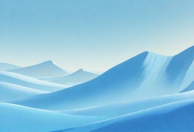The primary subject of the image is a mountain range with a blue sky in the background. The setting is a vast, open landscape with a sense of depth and distance. The visual style is a combination of digital art and illustration, creating a realistic and detailed representation of the mountain range. The colors and mood are predominantly blue, giving the scene a serene and tranquil atmosphere.