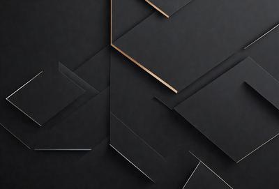 The primary subject of the image is a black and gold geometric pattern. The setting is a black background, and the visual style appears to be a combination of digital art and illustration. The dominant colors are black and gold, creating a sophisticated and elegant atmosphere.