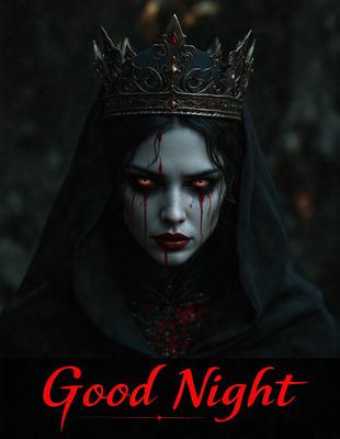 The primary subject of the image is a woman wearing a crown and a black dress. She has blood on her face and is looking at the camera. The setting is a dark room, and the visual style is a digital art. The dominant colors are red and black, creating a dramatic and intense atmosphere.