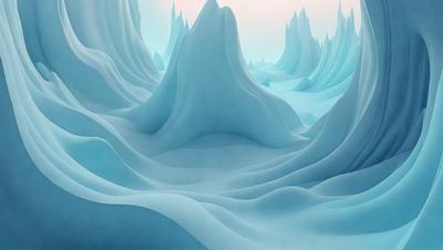 The primary subject of the image is a large, blue, and white mountain range. The setting is a vast, open space with a blue sky in the background. The visual style is a digital art or illustration, creating a sense of depth and intricacy in the mountain range. The dominant colors are blue and white, giving the scene a serene and majestic atmosphere.