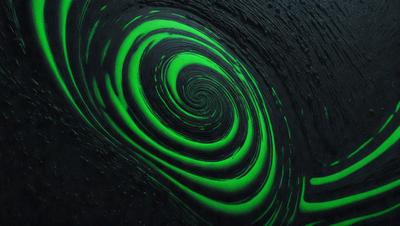 The primary subject of the image is a spiral pattern, which is painted in a bright green color. The setting is a black background, which contrasts with the vibrant green hue of the spiral pattern. The visual style appears to be a digital art or illustration, as the spiral pattern is intricately detailed and the colors are rich and vivid. The overall atmosphere of the image is lively and energetic, thanks to the bold green color and the dynamic spiral pattern.