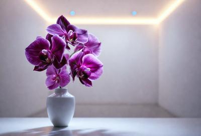 The primary subject of the image is a vase filled with purple orchids. The vase is placed on a table, and the orchids are arranged in a visually appealing manner. The setting is a room with a white wall, which serves as a clean and neutral backdrop for the vase and orchids. The visual style of the image is a close-up of the vase and orchids, highlighting the beauty of the flowers. The colors and mood of the image are predominantly purple, creating