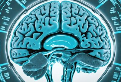 The primary subject of the image is a close-up of a human brain. The brain is depicted in a blue and white color scheme, giving it a clean and modern appearance. The setting is a white background, which allows the brain to be the main focus of the image. The visual style is a combination of digital art and illustration, creating a detailed and realistic representation of the brain. The colors and mood of the image are calm and intellectual, reflecting the complexity and intricacy of the human brain.