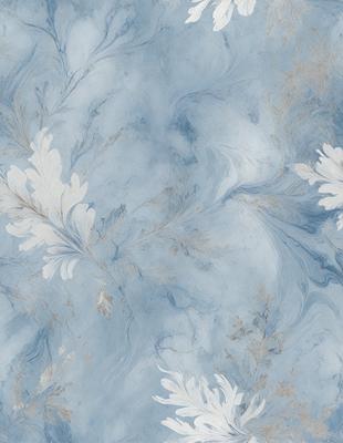 The primary subject of the image is a blue and white floral pattern. The setting is a blue background, and the visual style appears to be a combination of a photo and digital art. The dominant colors are blue and white, creating a calm and serene atmosphere.