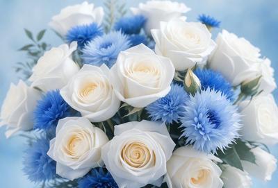 The primary subject of the image is a bouquet of white and blue flowers. The flowers are arranged in a vase, creating a beautiful and elegant display. The setting is a blue background, which complements the colors of the flowers. The visual style is a close-up of the flowers, showcasing their details and beauty. The colors and mood of the image are predominantly white and blue, giving it a serene and calming atmosphere.