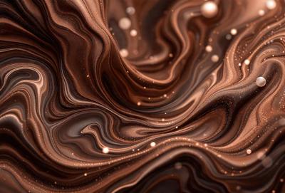 The primary subject of the image is a close-up of a chocolate-covered cake. The cake is decorated with a swirl pattern, giving it a visually appealing and appetizing appearance. The setting is a kitchen, with the cake placed on a table. The visual style of the image is a close-up, which emphasizes the details of the cake's decoration. The colors and mood of the image are predominantly brown, which is fitting for the chocolate