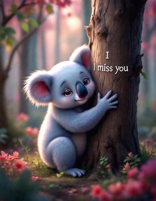 The primary subject of the image is a cute, cartoon-like koala bear. The koala is sitting on the ground and leaning against a tree, with its arms wrapped around it. The setting is a forest, and the visual style is a digital art or illustration. The colors are predominantly shades of green and brown, creating a warm and natural atmosphere.