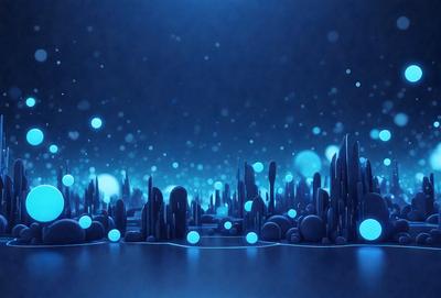 The primary subject of the image is a futuristic cityscape with a blue sky and a multitude of blue and white spheres scattered throughout the scene. The setting appears to be a dark, futuristic environment, possibly a space station or an underground city. The visual style of the image is a combination of digital art and illustration, creating a unique and captivating atmosphere. The dominant colors in the image are blue and white, giving the scene a sense of calmness and sophistication.