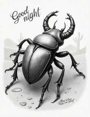 The primary subject of the image is a large, detailed illustration of a beetle, likely a cockroach, with a desert-like setting in the background. The visual style appears to be a combination of digital art and illustration, creating a realistic and intricate representation of the insect. The colors and mood of the image are dark and moody, with the beetle being the main focus of the scene.