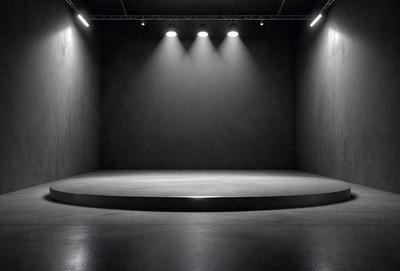 The primary subject of the image is a large, empty room with a black background. The room appears to be a stage or a theater, as it is illuminated by spotlights. The setting is a dark, empty space, with no visible objects or people. The visual style of the image is a black and white photo, which adds a dramatic and artistic touch to the scene. The colors and mood of the image are predominantly dark and moody, creating a sense of mystery and anticipation.