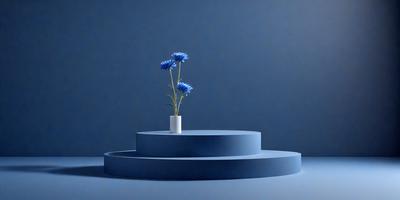 The primary subject of the image is a vase filled with blue flowers, placed on a blue table. The setting is a dark room, and the visual style appears to be a photo. The dominant colors in the image are blue and white, creating a calm and serene atmosphere.