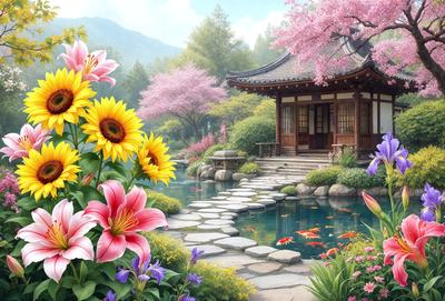 The primary subject of the image is a beautiful garden with a pond, surrounded by a variety of flowers and plants. The garden is situated in front of a traditional Japanese house, which adds a unique cultural touch to the scene. The setting is a serene and picturesque environment, perfect for relaxation and appreciation of nature. The visual style of the image is a combination of photo and digital art, creating a vibrant and lively atmosphere. The colors and mood of the image are predominantly warm and inviting, with