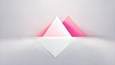 The primary subject of the image is a white envelope with a pink triangle on top of it. The envelope is placed on a white surface, which creates a clean and minimalist appearance. The visual style of the image is a combination of photo and digital art, as it appears to be a close-up of the envelope with a pink triangle on top. The colors and mood of the image are predominantly white and pink, giving it a calm and gentle atmosphere.