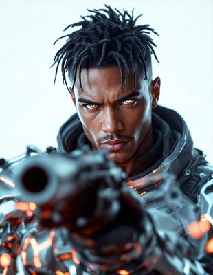 The primary subject of the image is a man with dreadlocks, wearing a silver suit and holding a gun. He appears to be a futuristic warrior or a character from a science fiction story. The setting is a white background, which provides a clean and minimalist look to the image. The visual style is a combination of digital art and illustration, creating a dynamic and detailed representation of the man and his surroundings. The colors and mood of the image are predominantly silver and futuristic, with a
