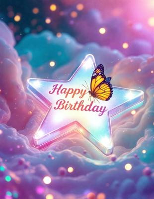 The primary subject of the image is a birthday star, which is a decorative and colorful object. The setting is a purple background, which adds a vibrant and festive atmosphere to the scene. The visual style is a combination of digital art and illustration, creating a unique and eye-catching design. The colors and mood of the image are predominantly purple and celebratory, making it an ideal decoration for a birthday celebration.