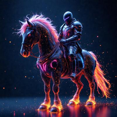 The primary subject of the image is a man riding a horse. The man is wearing a futuristic suit and a helmet, giving the scene a futuristic and cyberpunk vibe. The setting appears to be a dark, futuristic environment, possibly a night scene. The visual style of the image is digital art, as it is a well-rendered and detailed illustration. The dominant colors in the image are black, red, and blue, creating a bold and striking atmosphere.