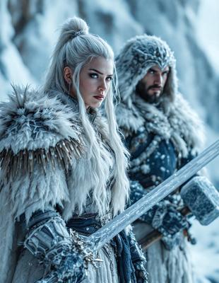 The primary subject of the image is a woman with long blonde hair, wearing a costume and holding a sword. She is standing next to a man who is also holding a sword. The setting appears to be a snowy environment, with the woman and man dressed in winter clothing. The visual style of the image is a combination of photo and digital art, creating a unique and captivating scene. The colors and mood of the image are predominantly cold and dark, with the snow and costumes adding to the overall