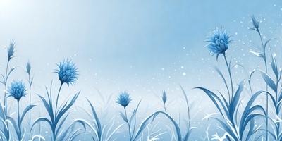 The primary subject of the image is a field of blue flowers, with a few purple flowers mixed in. The setting is a blue sky, creating a serene and peaceful atmosphere. The visual style is a digital art or illustration, with the flowers and sky depicted in a vibrant and detailed manner. The colors and mood of the image are predominantly blue and purple, evoking a sense of calmness and tranquility.