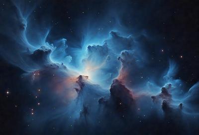 The primary subject of the image is a blue nebula, which is a cloud of gas and dust in space. The setting is a dark, starry sky, with the nebula being the main focus of the image. The visual style is a combination of a photo and digital art, creating a unique and captivating representation of the celestial object. The colors and mood of the image are predominantly blue, with a sense of wonder and awe, as the viewer is drawn into the vastness of space