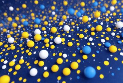 The primary subject of the image is a pattern of yellow and blue balls. The setting is a blue background, and the visual style appears to be a digital art or illustration. The dominant colors are yellow and blue, creating a lively and vibrant atmosphere.