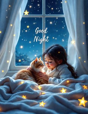 The primary subject of the image is a young girl sitting on a bed, holding a cat. The setting is a cozy bedroom with a window, and the visual style is a digital art illustration. The colors and mood of the image are warm and inviting, with the girl and the cat being the main focus.