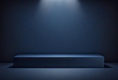 The primary subject of the image is a blue wall with a bright light shining on it. The setting is a dark room, and the visual style is a photo. The dominant colors are blue and white, creating a calm and serene atmosphere.