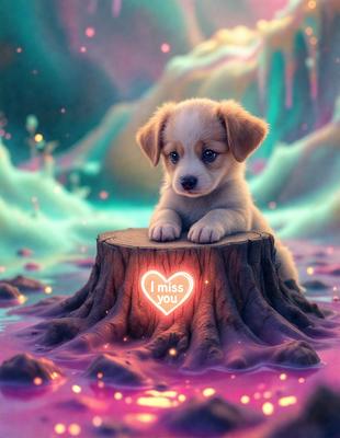 The image features a small puppy sitting on a stump, which is located in a colorful and whimsical environment. The puppy appears to be looking at the viewer, and the scene is set against a backdrop of a vibrant, rainbow-colored sky. The visual style of the image is a combination of photo and digital art, creating a unique and captivating scene. The colors and mood of the image are lively and cheerful, with the bright colors of the sky and the puppy