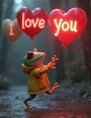 The primary subject of the image is a small green frog holding a heart-shaped balloon. The setting is a forest, with trees visible in the background. The visual style is a combination of photo and digital art, creating a whimsical and playful atmosphere. The colors are predominantly green and red, with the green frog and red heart-shaped balloon being the main focus of the image.