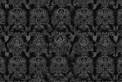 The primary subject of the image is a black and white patterned fabric with a floral design. The setting is a black background, which emphasizes the intricate details of the fabric. The visual style is a close-up of the fabric, showcasing its texture and patterns. The colors and mood of the image are predominantly black and white, giving it a classic and elegant appearance.