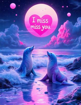 The primary subject of the image is a heart-shaped sign with the words "I miss you" written on it. The setting is a beach, with two penguins sitting on the sand. The visual style is a digital art, and the colors and mood are predominantly pink and purple, creating a warm and romantic atmosphere.
