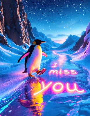 The image features a penguin walking across a frozen lake at night. The penguin is the primary subject, and it appears to be enjoying the snowy environment. The setting is a nighttime scene with a frozen lake and mountains in the background. The visual style is a digital art or illustration, creating a unique and captivating atmosphere. The colors and mood of the image are predominantly dark and cold, with the penguin standing out as the main focal point.