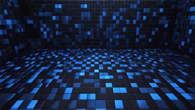 The primary subject of the image is a blue and black checkered pattern. The setting is a dark room with a blue wall, and the visual style is a digital art or illustration. The dominant colors are blue and black, creating a moody and mysterious atmosphere.