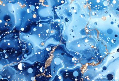 The primary subject of the image is a blue background with gold glittery specks or bubbles scattered throughout. The setting appears to be a swimming pool or a body of water with a blue tint. The visual style of the image is a mix of digital art and illustration, creating a unique and eye-catching design. The dominant colors are blue and gold, with the gold glittery specks adding a touch of sparkle and excitement to the scene.