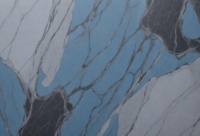 The primary subject of the image is a blue and white marble wall. The setting is a room with a blue and white marble floor. The visual style is a close-up of the marble wall, showcasing its intricate patterns and textures. The colors and mood of the image are predominantly blue and white, creating a serene and elegant atmosphere.