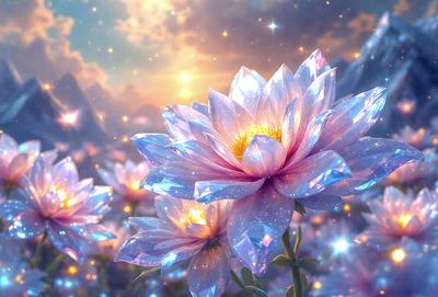 The primary subject of the image is a beautiful blue flower with a yellow center, surrounded by a vibrant blue background. The visual style of the image is digital art, with the flower and its surroundings appearing to be painted or drawn. The colors and mood of the image are lively and serene, with the blue flower and its surroundings creating a sense of tranquility and natural beauty.