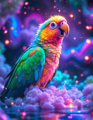 The primary subject of the image is a colorful parrot, which is the main focus of the image. The parrot is sitting on a cloud of colorful, swirling, and pinkish-purple smoke, creating a vibrant and lively atmosphere. The visual style of the image is digital art, as it appears to be a computer-generated or digitally painted scene. The colors and mood of the image are bright, cheerful, and energetic, with the parrot and the swirling