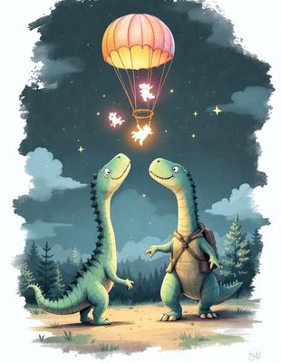 The primary subject of the image is a cartoon illustration of two dinosaurs, specifically two green alligator dinosaurs, standing next to each other. They are both smiling and appear to be enjoying their time together. The setting is a nighttime scene with a sky background, and the visual style is a digital art or illustration. The colors are predominantly green, and the overall atmosphere is light-hearted and playful.