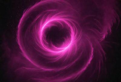 The primary subject of the image is a large, pink, swirling vortex. The setting is a dark, starry background, which adds to the dramatic atmosphere of the scene. The visual style is a combination of digital art and illustration, creating a unique and captivating image. The dominant colors are pink and purple, giving the scene a vibrant and luminous appearance.