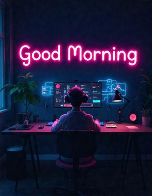 The primary subject of the image is a man sitting at a desk in front of a computer. He is wearing a white shirt and appears to be working or engaging in some activity on the computer. The setting is a room with a desk, a chair, and a potted plant nearby. The visual style is a digital art or illustration, with a neon pink background that adds a unique and vibrant atmosphere to the scene.