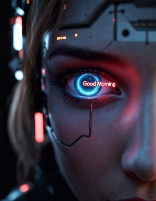 The primary subject of the image is a close-up of a woman's face, with a blue eye and a message that reads "Good morning." The setting is a futuristic environment, possibly a digital art or illustration. The visual style is a combination of photo and digital art, creating a unique and intriguing image. The colors and mood are predominantly blue and calm, reflecting the message of a good morning.