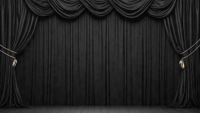 The primary subject of the image is a black curtain, which is the main object in the scene. The setting is a stage with a wooden floor, and the visual style is a photo. The curtain is the dominant color, and the overall atmosphere is dramatic and theatrical.