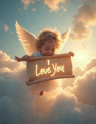 The primary subject of the image is a baby angel, who is holding a sign that reads "I love you." The setting is a cloudy sky, and the visual style appears to be a digital art or illustration. The colors are predominantly white and yellow, creating a warm and loving atmosphere.