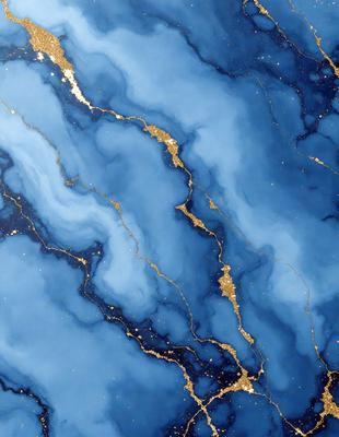 The primary subject of the image is a blue and gold marbled wall. The setting is a room with a blue and gold marbled wall, which serves as the background. The visual style is a combination of photo and digital art, creating a unique and intricate pattern. The dominant colors are blue and gold, giving the wall a rich and luxurious appearance.
