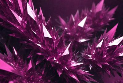 The primary subject of the image is a group of purple crystals or glass pieces, which are the main objects in the scene. The setting is a dark background, which contrasts with the bright purple color of the crystals. The visual style appears to be a combination of digital art and illustration, as the crystals are depicted in a detailed and intricate manner. The overall atmosphere of the image is one of beauty and elegance, as the purple crystals create a striking and eye-catching